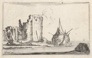 Plade 2: et skib til højre og en robåd til venstre, skyllet op på land, et tårn i ruiner b..., ca. 1642. af Stefano della Bella
