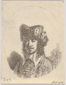 Plade 2: hoved af en mand med overskæg og pelshue vendt mod venstre, en oval komposition, fra..., 1650. af Stefano della Bella
