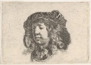 Tavle 34: hovedet af en ung mand i en kasket prydet med et par fjer, drejet tre-kvart..., ca. 1646. af Stefano della Bella