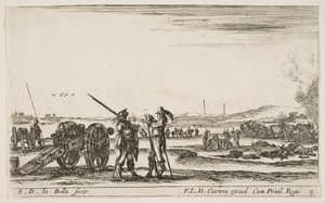 Plade 3: En officer giver ordre til en soldat i midten af forgrunden, kanon til venstre, af..., ca. 1641. af Stefano della Bella