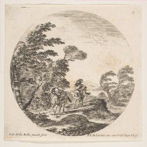 Plade 3: kuling i skoven, to ryttere svøbt i deres kapper, med vinden blæser..., ca. 1646. af Stefano della Bella