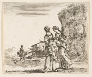 Plade 3: to piger, der går mod venstre, set bagfra, en kvinde på en hest t..., ca. 1644-47. af Stefano della Bella