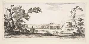 Plade 3: to ryttere krydser en flod til højre, en kvinde med to kurve oven på et æsel..., ca. 1641. af Stefano della Bella