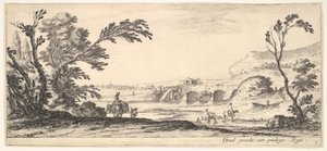 Plade 3: to ryttere krydser en flod til højre, en kvinde med to kurve oven på et æsel..., ca. 1641. af Stefano della Bella