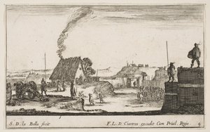 Plade 4: En militærlejr med en soldat stående på en brystning til højre for..., ca. 1641. af Stefano della Bella