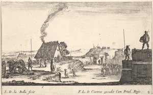 Plade 4: En militærlejr med en soldat stående på en brystning til højre for..., ca. 1641. af Stefano della Bella
