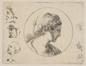 Plade 4: Head of a Woman in Profile, fra Anden samling af forskellige doodles og et..., ca. 1646. af Stefano della Bella