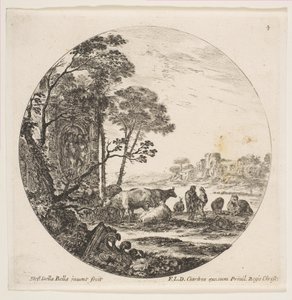 Plade 4: en korintisk hovedstad på jorden til venstre, et monument med figurer i lav re..., ca. 1646. af Stefano della Bella