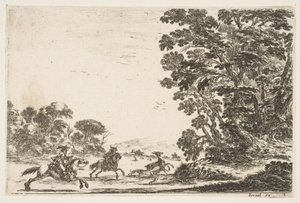 Plade 4: en hjortejagt, to ryttere galopperende mod venstre bagved tre hunde og en hjort..., 1642. af Stefano della Bella