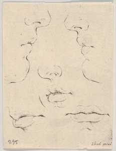 Plade 4: to profiler og tre munde, fra Bogen for at lære at tegne Livre po..., ca. 1649. af Stefano della Bella