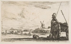 Plade 5: En Pikeman stående lige ved siden af en kanon, andre militære figurer..., ca. 1641. af Stefano della Bella