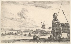 Plade 5: En Pikeman stående lige ved siden af en kanon, andre militærfigurer i ba..., ca. 1641. af Stefano della Bella