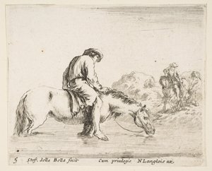 Tavle 5: en barfodet bonde på hesteryg krydser en flod, en anden bonde på hest..., ca. 1644-47. af Stefano della Bella