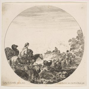 Plade 5: en kvinde bærer et barn på en hest til venstre, en kamel efter hende, en flok..., ca. 1646. af Stefano della Bella