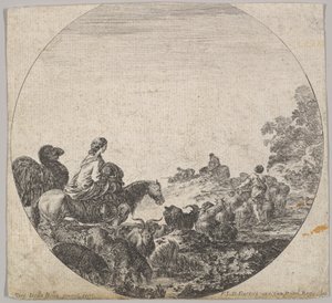 Plade 5: en kvinde, der bærer et barn på en hest til venstre, en kamel efter hende, en flok..., ca. 1643-48. af Stefano della Bella