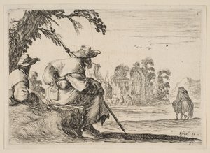 Tavle 5: to pilgrimme med hatte hviler til venstre, set bagfra, en rytter rider mod krig..., 1642. af Stefano della Bella