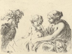 Plade 6: en kvinde til højre, der holder sit barn, som sidder oven på et æsel, en satyr ved l..., ca. 1646. af Stefano della Bella