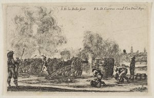 Plade 6: batteri af kanoner, der skyder mod en by, fra Various Military Caprices Varii ..., ca. 1641. af Stefano della Bella