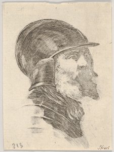 Plade 6: hovedet af en gammel skægget soldat med hjelm vendt mod højre, fra Various heads..., 1650. af Stefano della Bella