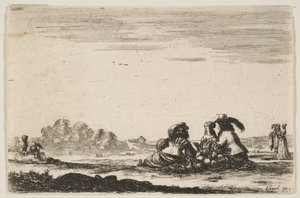 Plade 7: To adelsmænd siddende i midten, set bagfra, i samtale med et adelshav..., 1642. af Stefano della Bella