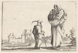 Plade 7: en bondekone, der bærer et barn til højre, taler til et andet barn, der står..., ca. 1642.