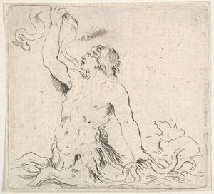 Plade 7: en triton i vandet, vender mod venstre, holder en ål op i højre hånd og t..., ca. 1646. af Stefano della Bella