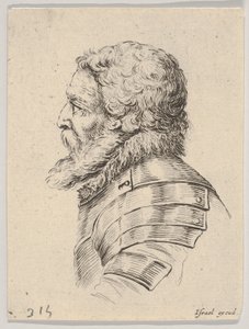 Plade 7: buste af en skægget soldat iført rustning, vendt mod venstre i profil, fra Various he..., 1650. af Stefano della Bella