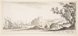 Plade 7: forskellige både på land til venstre, en mand med en taske, set bagfra og..., ca. 1641. af Stefano della Bella