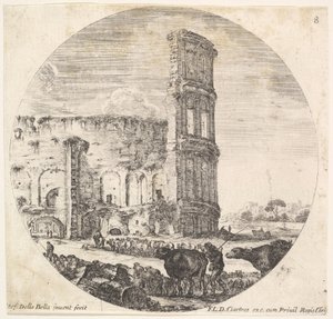 Plade 8: Colosseum, to flokke bliver rettet mod amfiteatret i fo..., ca. 1643-48. af Stefano della Bella