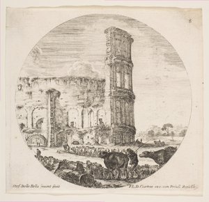 Plade 8: Colosseum, to flokke bliver rettet mod amfiteatret i foreg..., ca. 1646. af Stefano della Bella