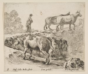 Plade 9: en ko, der går op ad en bank, en bondekone fører to køer over en bro i..., ca. 1644-47. af Stefano della Bella
