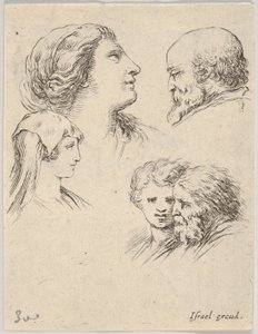 Plade 9: fem hoveder, to unge kvinder til venstre, en skægget mand øverst til højre, en ung kvinde..., ca. 1649. af Stefano della Bella