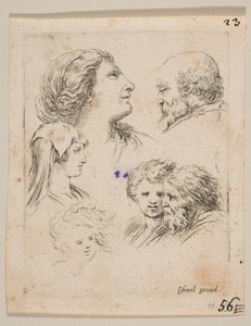 Plade 9: fem hoveder, to unge kvinder til venstre, en skægget mand øverst til højre, en ung kvinde..., ca. 1649. af Stefano della Bella