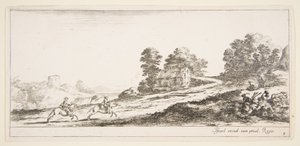 Plade 9: to ryttere til venstre galopperende op ad bakke mod højre, en hest og siddende m..., ca. 1641. af Stefano della Bella