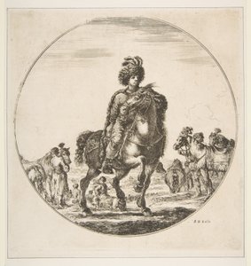 Polsk rytter mod højre, en cirkulær komposition, fra Figures on Horseback Cav..., ca. 1651. af Stefano della Bella