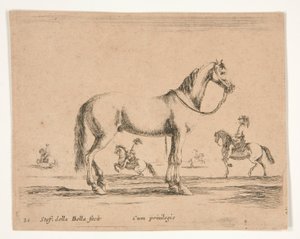 Rytterløs hest med ryttere, der dyrker dressur i baggrunden af Stefano della Bella