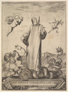 Saint Jean Gualbert tramper et monster med to menneskehoveder og en slangekrop, en flue..., 1640. af Stefano della Bella
