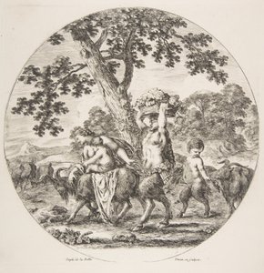 Satyrfamilien går mod venstre med to geder og en kurv med druer, ca. 1657. af Stefano della Bella