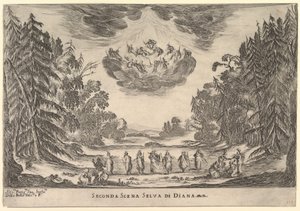 Anden scene, i Dianas skov, fra gudernes ægteskab Le nozze degli Dei, 1637. af Stefano della Bella