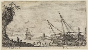 Havlandskaber (Paysages maritimes): Havn med søfolk og arbejdere, der transporterer tømmerstammer af Stefano della Bella