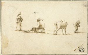 Skitser af stående kvinde, siddende mand, ged og mand, der bærer en kasse på ryggen af Stefano della Bella