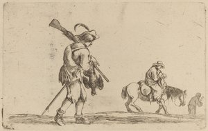 Soldat holder en høns ved fødderne. af Stefano della Bella