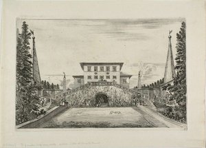 Sydfacade af villaen og den store eng, fra udsigt over Villa Pratolino af Stefano della Bella