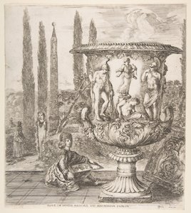 Medici-vasen, en stor vase til højre dekoreret med en repræsentation af ofringen af..., 1656. af Stefano della Bella