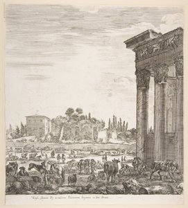 Søjlerne i Antoninus-templet til højre, en del af Campo Vaccino i midten og..., 1656. af Stefano della Bella