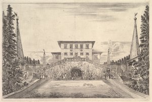 Villaen i midten flankeret af fire obelisker, en trappe til hver side, en statue i ..., ca. 1653. af Stefano della Bella