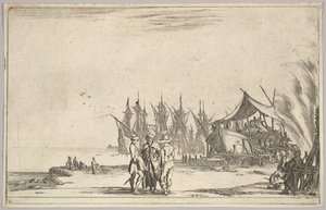 Tre mænd iført hatte stående i midten, mænd, der fikserer et skib til højre, fem skibe og vari..., 1639. af Stefano della Bella