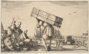 Titelside: en mand med en sag på ryggen i midten, tre mænd kigger mod ham den ..., 1639. af Stefano della Bella