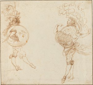 To mænd i maskeradekostumer: Jorden og en paradehjelm, ca. 1645. af Stefano della Bella