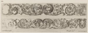 To dekorative bånd med modstående hoveder af løve og ørn og to væddere, sandsynligvis 1648. af Stefano della Bella